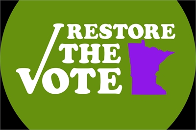 [ai] A logo featuring the text 'RESTORE THE VOTE' in white on a green background, with a checkmark graphic to the left and an outline of Minnesota in purple.